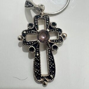 Marcasite 925 Silver and Black Cross Pendant Necklace